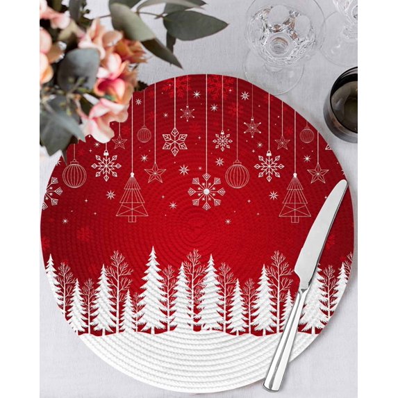 13 Inch Round Placemats Set of 6, Red Christmas Snowflakes Non Slip Heat Insulation PP Table Mats, Xmas Balls Winter Pine Tree Washable Place Mats for Kitchen Dining Party Table Decor