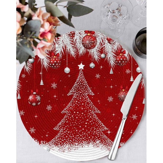 13 Inch Round Placemats Set of 6, Red Christmas Tree Non Slip Heat Insulation PP Table Mats, Xmas Balls Pine Needles Snowflake Washable Place Mats for Kitchen Dining Party Table Decor
