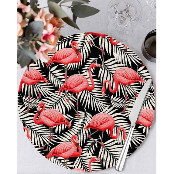 13 Inch Round Placemats Set of 6, Red Flamingo Non Slip Heat Insulation PP Table Mats, Summer Tropical Plants Leaves Botanical Black Washable Place Mats for Kitchen Dining Party Table Decor