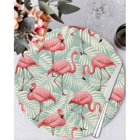 13 Inch Round Placemats Set of 6, Red Flamingo Non Slip Heat Insulation PP Table Mats, Summer Tropical Plants Leaves Botanical Green Washable Place Mats for Kitchen Dining Party Table Decor