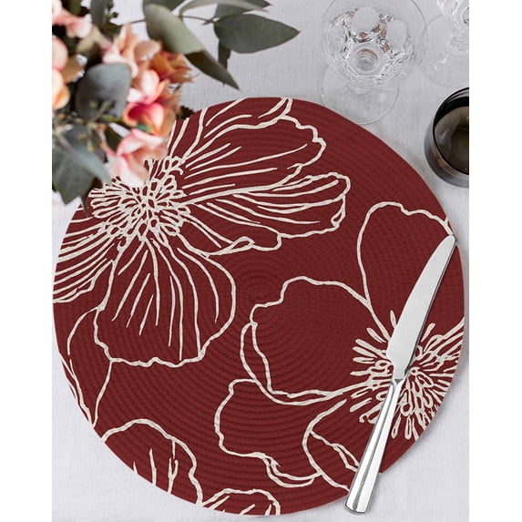 13 Inch Round Placemats Set of 6, Red Flowers Non Slip Heat Insulation PP Table Mats, Spring Floral Botanical Modern Art Washable Place Mats for Kitchen Dining Party Table Decor