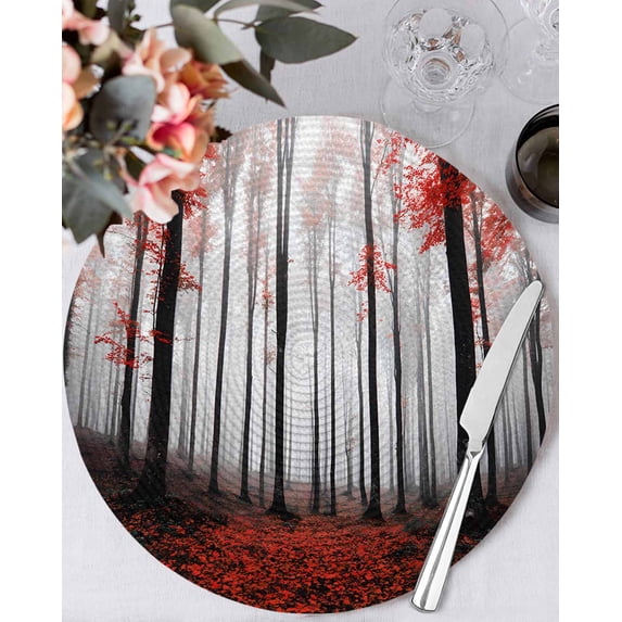 13 Inch Round Placemats Set of 6, Red Forest Non Slip Heat Insulation PP Table Mats, Vintage Foggy Woods Tree Mysterious Washable Place Mats for Kitchen Dining Party Table Decor