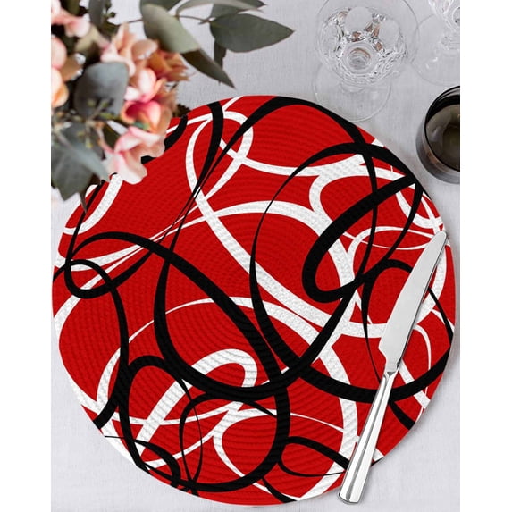 13 Inch Round Placemats Set of 6, Red Geometric Non Slip Heat Insulation PP Table Mats, Modern Abstract Black White Striped Lines Washable Place Mats for Kitchen Dining Party Table Decor