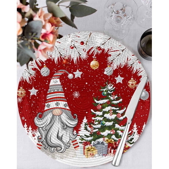 13 Inch Round Placemats Set of 6, Red Gnomes Christmas Non Slip Heat Insulation PP Table Mats, Snowflake Xmas Tree Gifts Winter Washable Place Mats for Kitchen Dining Party Table Decor
