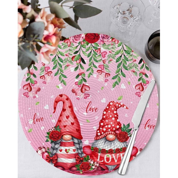 13 Inch Round Placemats Set of 6, Red Gnomes Non Slip Heat Insulation PP Table Mats, Valentine's Day Love Roses Leaves Ombre Pink Washable Place Mats for Kitchen Dining Party Table Decor