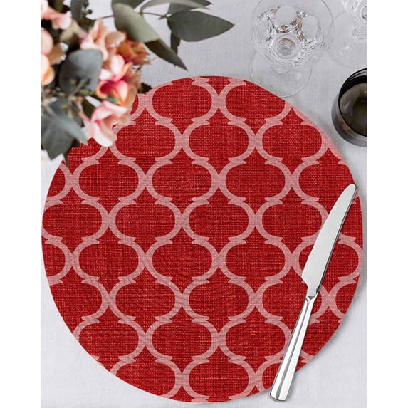 13 Inch Round Placemats Set of 6, Red Moroccan Non Slip Heat Insulation PP Table Mats, Morocco Ethnic Abstract Quatrefoil Grid Washable Place Mats for Kitchen Dining Party Table Decor