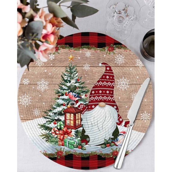 13 Inch Round Placemats Set of 6, Red Plaid Christmas Non Slip Heat Insulation PP Table Mats, Gnomes Snowflake Xmas Tree Gifts Washable Place Mats for Kitchen Dining Party Table Decor