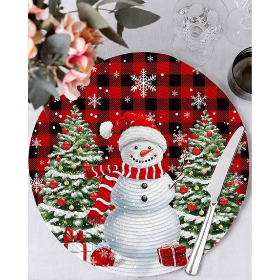 13 Inch Round Placemats Set of 6, Red Plaid Christmas Non Slip Heat Insulation PP Table Mats, Snowman Snowflake Gifts Xmas Tree Washable Place Mats for Kitchen Dining Party Table Decor