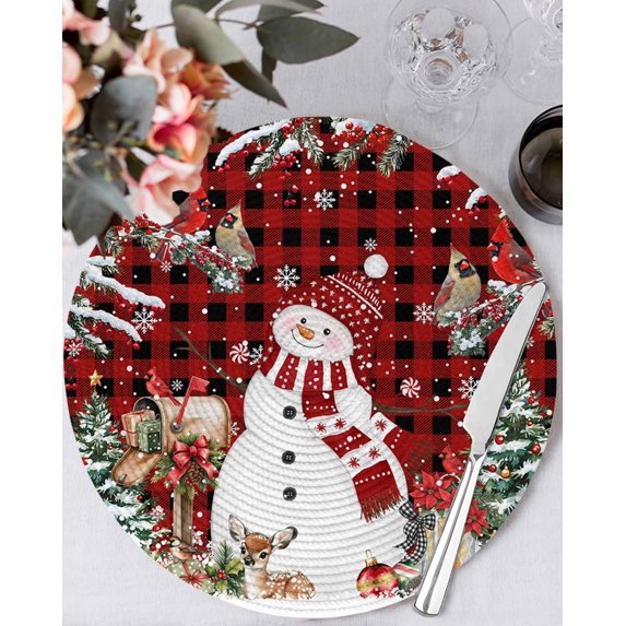 13 Inch Round Placemats Set of 6, Red Plaid Christmas Non Slip Heat Insulation PP Table Mats, Snowman Xmas Tree Snowflake Winter Gifts Washable Place Mats for Kitchen Dining Party Table Decor