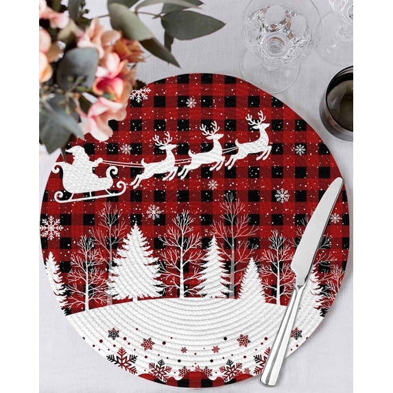 13 Inch Round Placemats Set of 6, Red Plaid Christmas Non Slip Heat Insulation PP Table Mats, Xmas Elk Tree Snowflake Forest Washable Place Mats for Kitchen Dining Party Table Decor