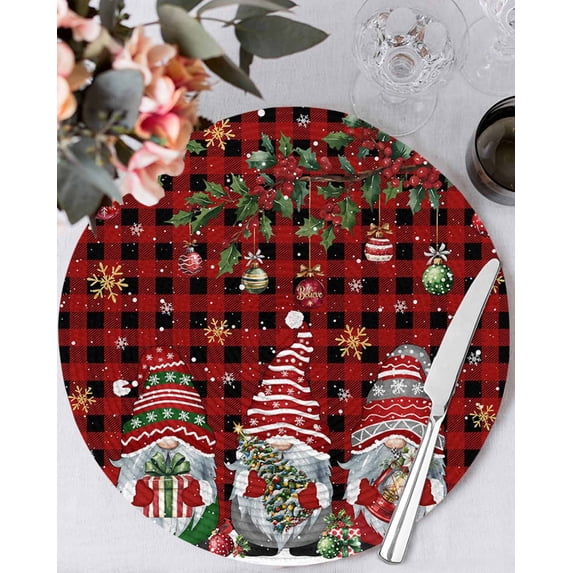 13 Inch Round Placemats Set of 6, Red Plaid Gnomes Christmas Non Slip Heat Insulation PP Table Mats, Xmas Balls Tree Snowflake Washable Place Mats for Kitchen Dining Party Table Decor