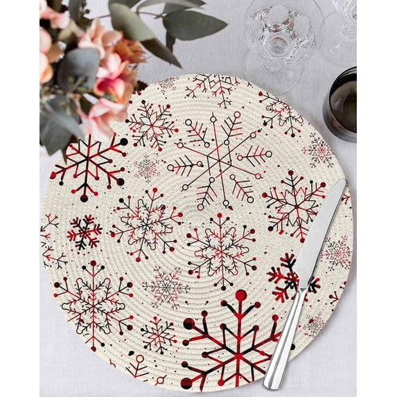 13 Inch Round Placemats Set of 6, Red Snowflake Christmas Non Slip Heat Insulation PP Table Mats, Xmas Snowflake Rustic Washable Place Mats for Kitchen Dining Party Table Decor