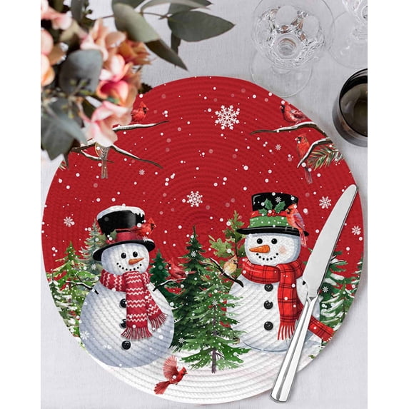 13 Inch Round Placemats Set of 6, Red Snowman Christmas Non Slip Heat Insulation PP Table Mats, Xmas Tree Snowflake Winter Branches Washable Place Mats for Kitchen Dining Party Table Decor