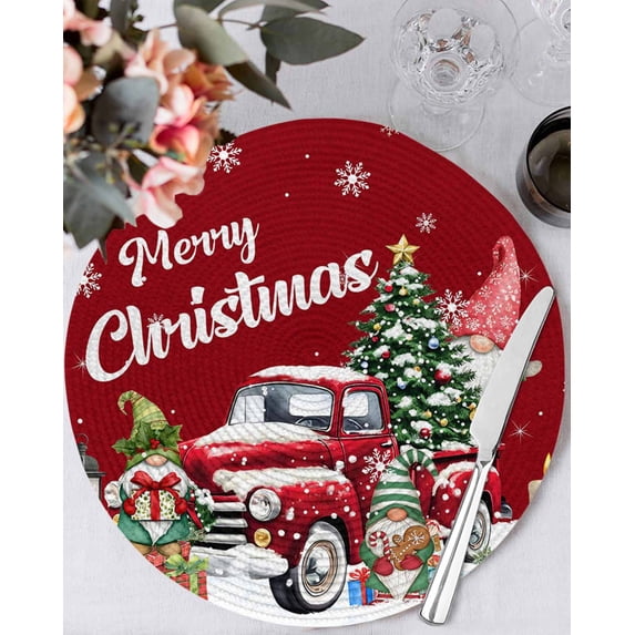13 Inch Round Placemats Set of 6, Red Truck Christmas Non Slip Heat Insulation PP Table Mats, Gnomes Xmas Tree Snowflake Gifts Washable Place Mats for Kitchen Dining Party Table Decor