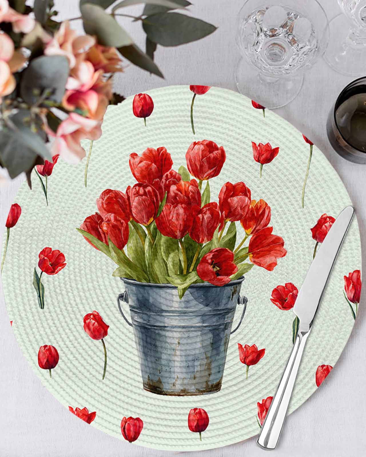 13 Inch Round Placemats Set of 6, Red Tulip Flowers Non Slip Heat ...
