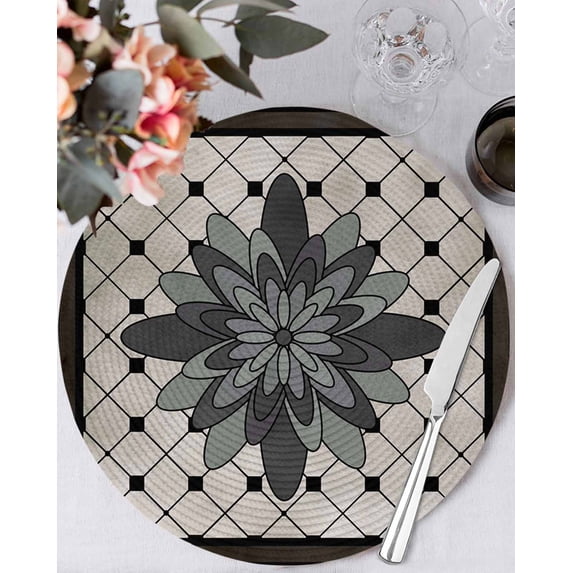 13 Inch Round Placemats Set of 6, Retro Flowers Non Slip Heat Insulation PP Table Mats, Boho Ethnic Retro Abstract Florals Grid Washable Place Mats for Kitchen Dining Party Table Decor