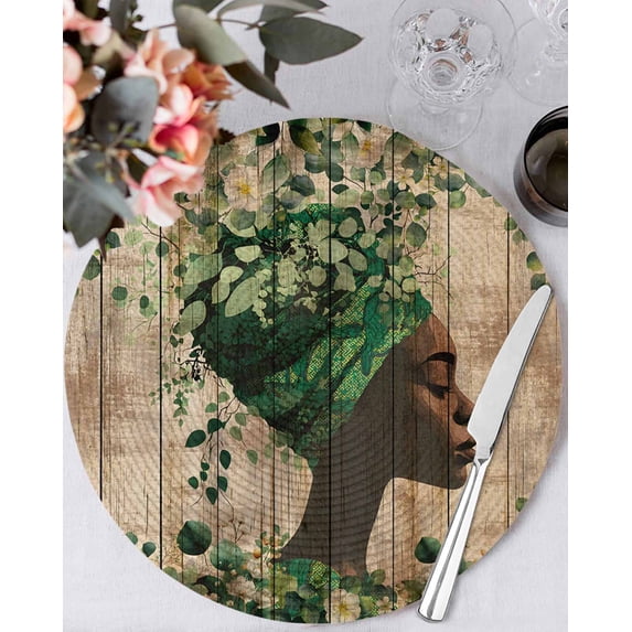 13 Inch Round Placemats Set of 6, Sage Green Black Women Non Slip Heat Insulation PP Table Mats, Spring Eucalyptus Brown Wooden Washable Place Mats for Kitchen Dining Party Table Decor