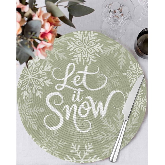13 Inch Round Placemats Set of 6, Sage Green Christmas Non Slip Heat Insulation PP Table Mats, Vintage Winter Xmas Snowflakes Washable Place Mats for Kitchen Dining Party Table Decor