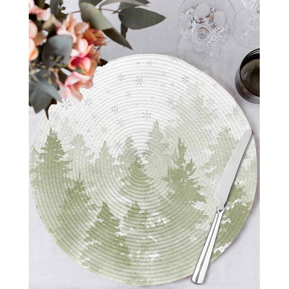 13 Inch Round Placemats Set of 6, Sage Green Christmas Non Slip Heat Insulation PP Table Mats, Winter Snowflake Abstract Forest Tree Washable Place Mats for Kitchen Dining Party Table Decor