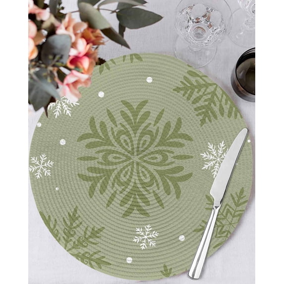 13 Inch Round Placemats Set of 6, Sage Green Christmas Non Slip Heat Insulation PP Table Mats, Winter Xmas Snowflakes Textured Washable Place Mats for Kitchen Dining Party Table Decor