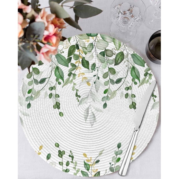 13 Inch Round Placemats Set of 6, Sage Green Eucalyptus Non Slip Heat Insulation PP Table Mats, Watercolor Spring Weeping Botanical Washable Place Mats for Kitchen Dining Party Table Decor