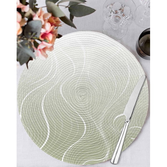 13 Inch Round Placemats Set of 6, Sage Green Geometric Non Slip Heat Insulation PP Table Mats, Modern White Stripe Distortion Art Washable Place Mats for Kitchen Dining Party Table Decor