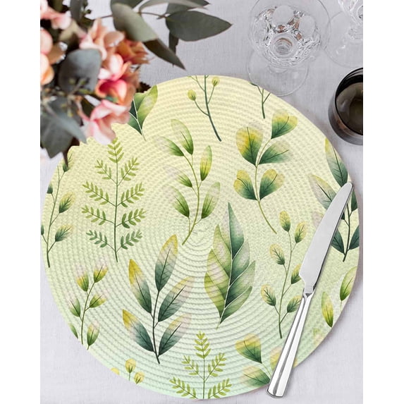 13 Inch Round Placemats Set of 6, Sage Green Leaves Non Slip Heat Insulation PP Table Mats, Summer Botanical Farmhouse Leaf Washable Place Mats for Kitchen Dining Party Table Decor