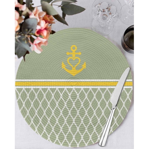 13 Inch Round Placemats Set of 6, Sage Green Morocco Non Slip Heat Insulation PP Table Mats, Ocean Yellow Nautical Anchor Stripe Washable Place Mats for Kitchen Dining Party Table Decor