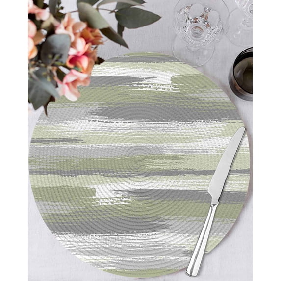 13 Inch Round Placemats Set of 6, Sage Green Non Slip Heat Insulation PP Table Mats, Modern Abstract Grey Striped Art Washable Place Mats for Kitchen Dining Party Table Decor