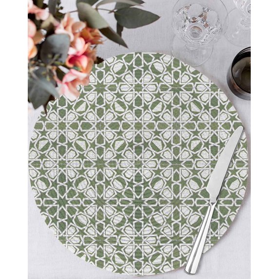 13 Inch Round Placemats Set of 6, Sage Green Non Slip Heat Insulation PP Table Mats, Retro Abstract Morocco Geometric Texture Washable Place Mats for Kitchen Dining Party Table Decor