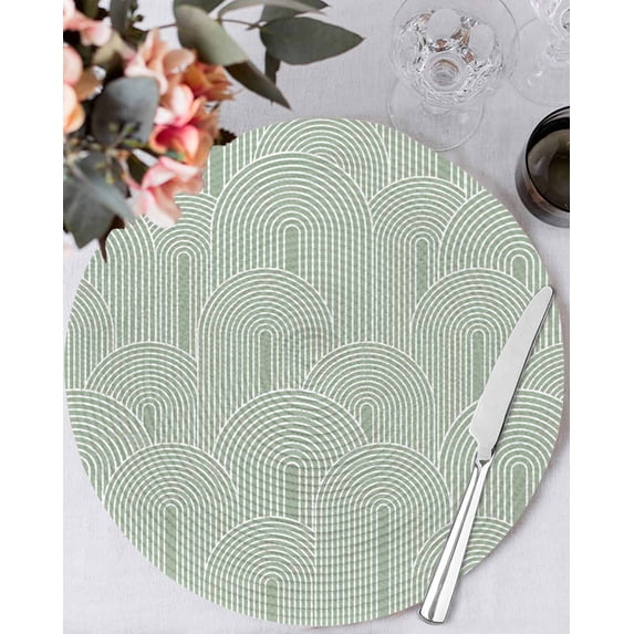13 Inch Round Placemats Set of 6, Sage Green Ombre Non Slip Heat Insulation PP Table Mats, Farmhouse Stripes Modern Abstract Art Washable Place Mats for Kitchen Dining Party Table Decor