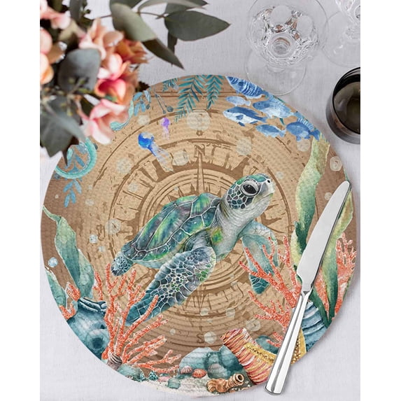 13 Inch Round Placemats Set of 6, Sea Turtle Coastal Non Slip Heat Insulation PP Table Mats, Summer Nautical Starfish Coral Brown Anchor Washable Place Mats for Kitchen Dining Party Table Decor