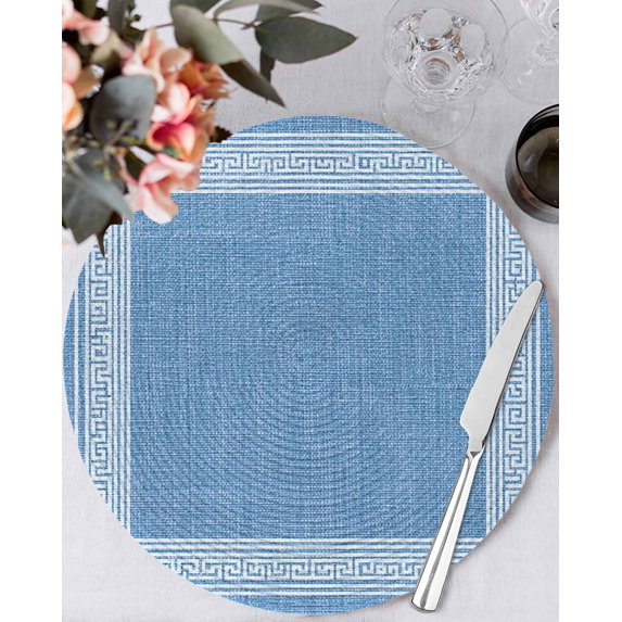 13 Inch Round Placemats Set of 6, Sky Blue Retro Greek Key Non Slip Heat Insulation PP Table Mats, Geometric Greece Ancient Farmhouse Washable Place Mats for Kitchen Dining Party Table Decor