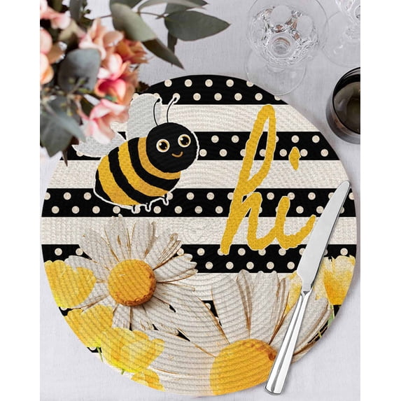 13 Inch Round Placemats Set of 6, Spring Bees Daisy Non Slip Heat Insulation PP Table Mats, Rustic Tulips Dots Black Striped Burlap Washable Place Mats for Kitchen Dining Party Table Decor