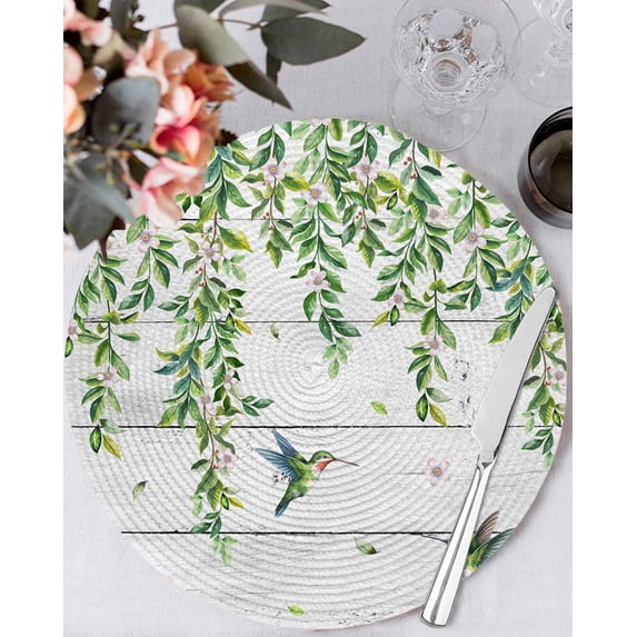 13 Inch Round Placemats Set of 6, Spring Botanical Non Slip Heat Insulation PP Table Mats, Watercolor Leaves Flowers Birds Gray Wood Washable Place Mats for Kitchen Dining Party Table Decor