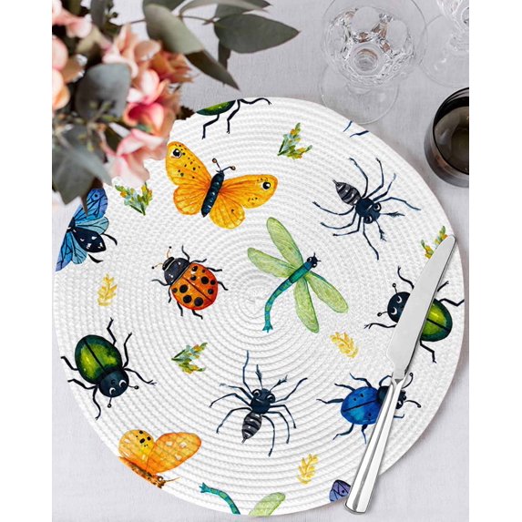 13 Inch Round Placemats Set of 6, Spring Butterfly Dragonfly Non Slip Heat Insulation PP Table Mats, Farmhouse Botanical Floral Washable Place Mats for Kitchen Dining Party Table Decor