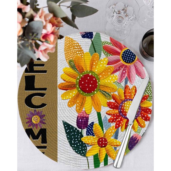 13 Inch Round Placemats Set of 6, Spring Daisy Non Slip Heat Insulation PP Table Mats, Brown Modern Abstract Art Dots Floral Washable Place Mats for Kitchen Dining Party Table Decor