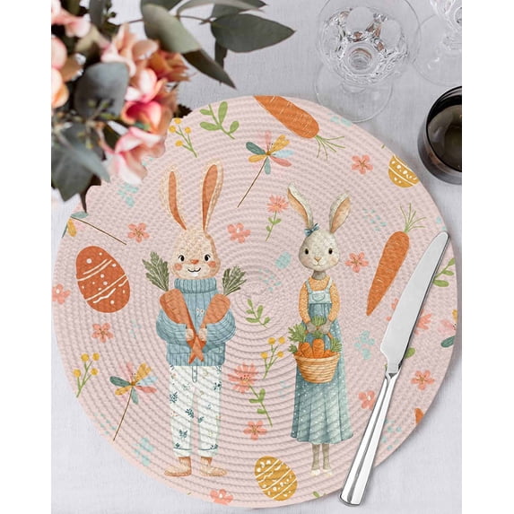 13 Inch Round Placemats Set of 6, Spring Easter Non Slip Heat Insulation PP Table Mats, Bunny Carrots Eggs Floral Botanical Pink Washable Place Mats for Kitchen Dining Party Table Decor