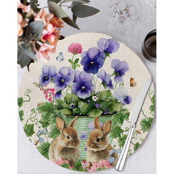 13 Inch Round Placemats Set of 6, Spring Easter Non Slip Heat Insulation PP Table Mats, Purple Floral Summer Botanical Rustic Washable Place Mats for Kitchen Dining Party Table Decor