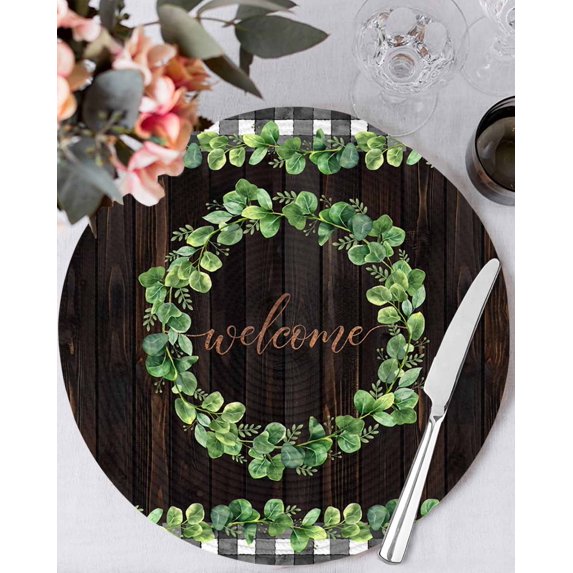 13 Inch Round Placemats Set of 6, Spring Eucalyptus Leaves Non Slip Heat Insulation PP Table Mats, Farmhouse Botanical Brown Wood Washable Place Mats for Kitchen Dining Party Table Decor