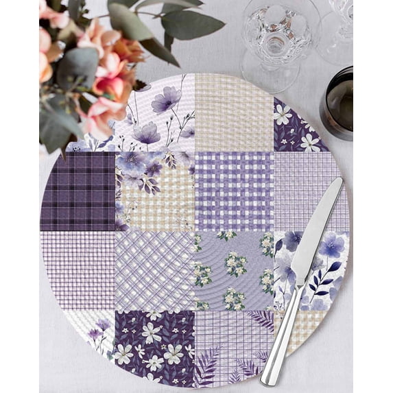 13 Inch Round Placemats Set of 6, Spring Floral Non Slip Heat Insulation PP Table Mats, Dark Purple Flowers Patchwork Grid Bohemia Washable Place Mats for Kitchen Dining Party Table Decor