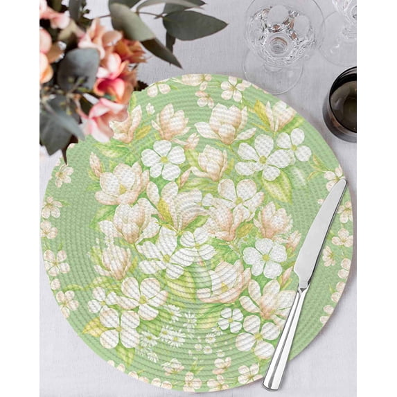 13 Inch Round Placemats Set of 6, Spring Floral Non Slip Heat Insulation PP Table Mats, Watercolor Orchid Flowers Leaves Botanical Green Washable Place Mats for Kitchen Dining Party Table Decor
