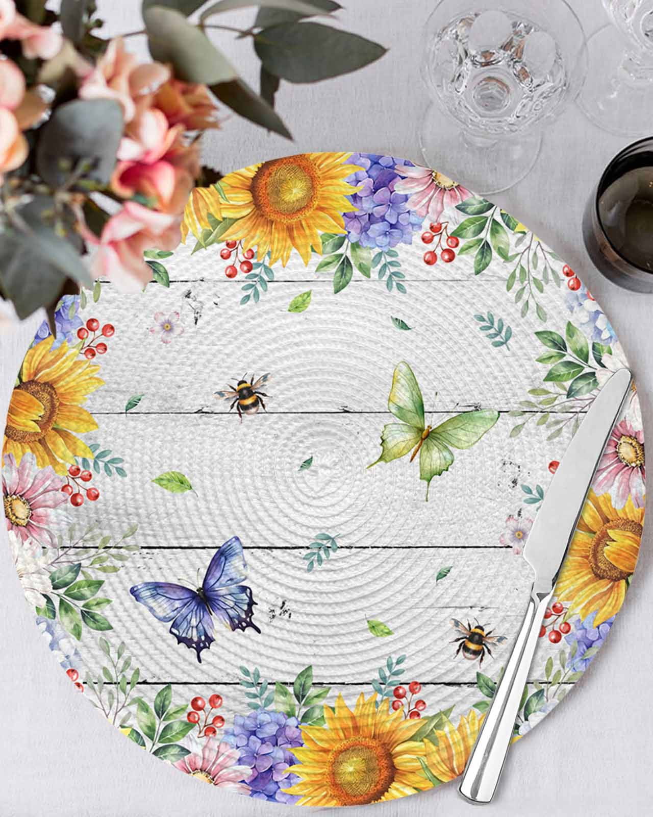 13 Inch Round Placemats Set of 6, Spring Flowers Non Slip Heat ...
