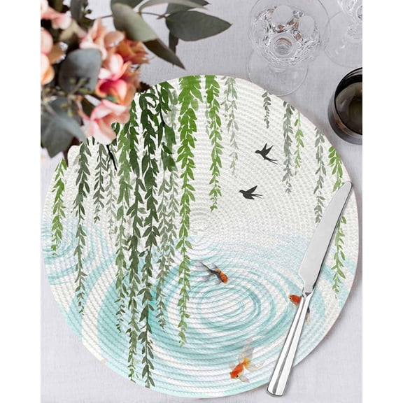 13 Inch Round Placemats Set of 6, Spring Green Leaves Non Slip Heat Insulation PP Table Mats, Japanese Koi Fish Birds Country Washable Place Mats for Kitchen Dining Party Table Decor