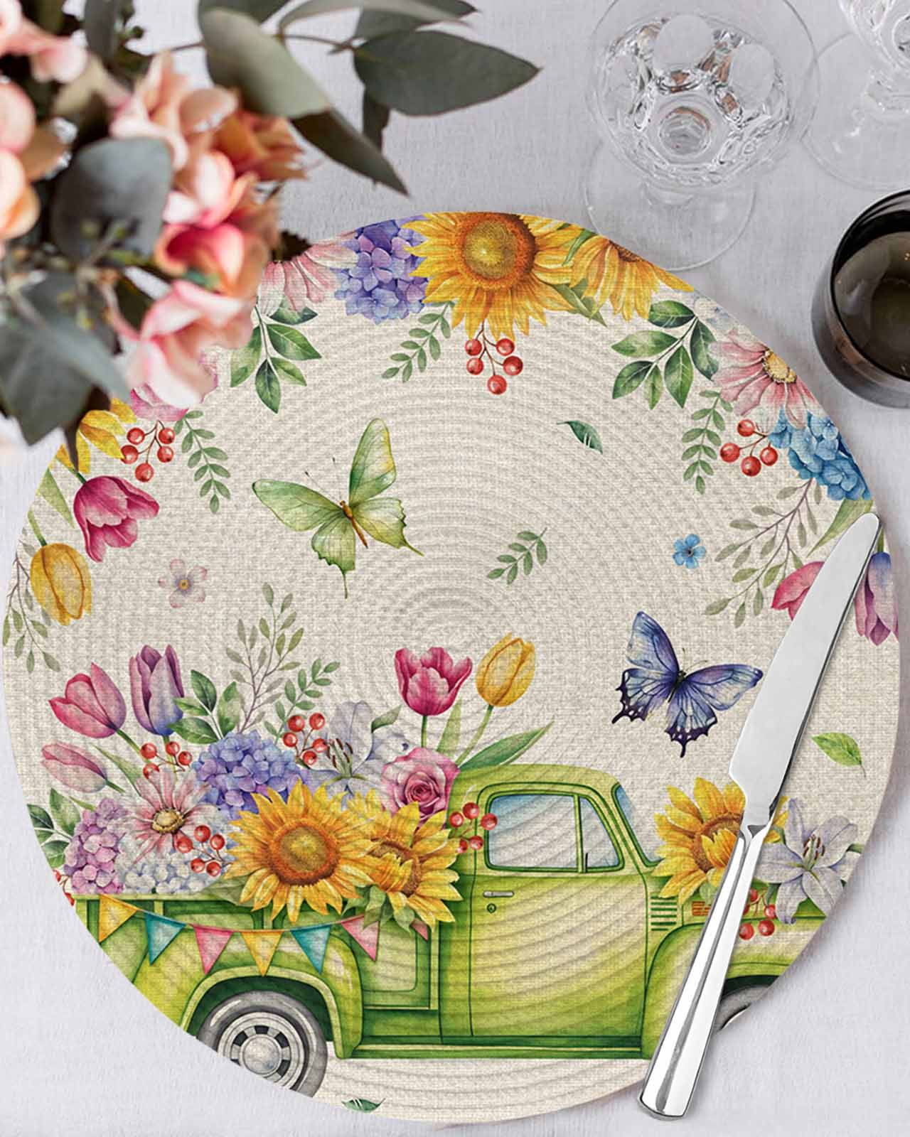 13 Inch Round Placemats Set of 6, Spring Truck Floral Non Slip Heat ...