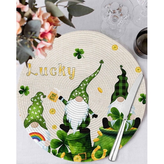 13 Inch Round Placemats Set of 6, St. Patrick's Day Non Slip Heat Insulation PP Table Mats, Green Gnomes Gold Coin Shamrock Beige Washable Place Mats for Kitchen Dining Party Table Decor