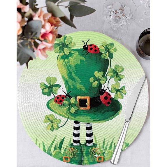 13 Inch Round Placemats Set of 6, St. Patrick's Day Non Slip Heat Insulation PP Table Mats, Lucky Shamrock Hat Ladybirds Daisy Ombre Green Washable Place Mats for Kitchen Dining Party Table Decor