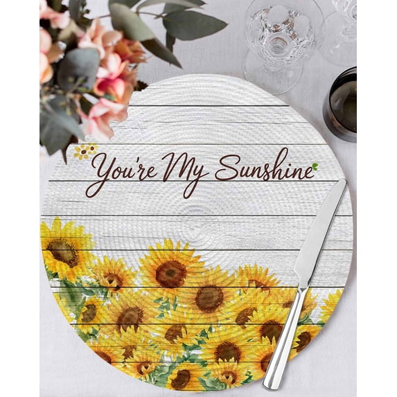 13 Inch Round Placemats Set of 6, Sunflower Non Slip Heat Insulation PP Table Mats, Yellow Summer Botanical Farmhouse Floral Wooden Washable Place Mats for Kitchen Dining Party Table Decor
