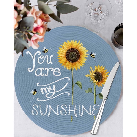 13 Inch Round Placemats Set of 6, Sunflowers Non Slip Heat Insulation PP Table Mats, Modern Bee You Are My Sunshine Blue Washable Place Mats for Kitchen Dining Party Table Decor