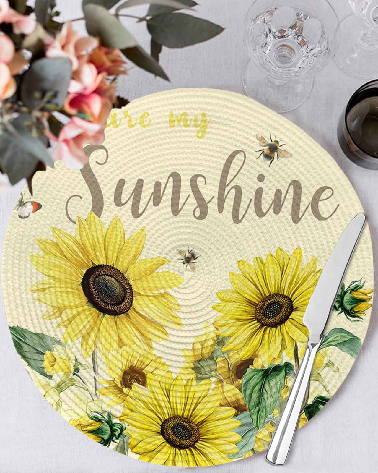 13 Inch Round Placemats Set of 6, Sunflowers Non Slip Heat Insulation ...